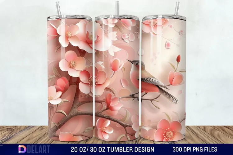 3D Pink Flower Bird Tumbler Wrap