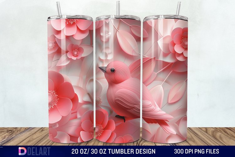 3D Pink Flower Bird Tumbler Wrap example image 1
