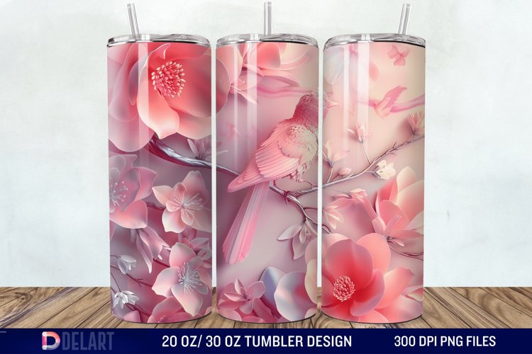 3D Pink Flower Bird Tumbler Wrap example image 1