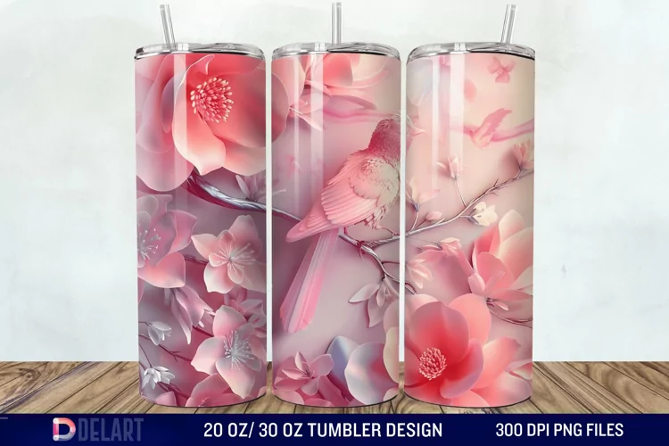 3D Pink Flower Bird Tumbler Wrap