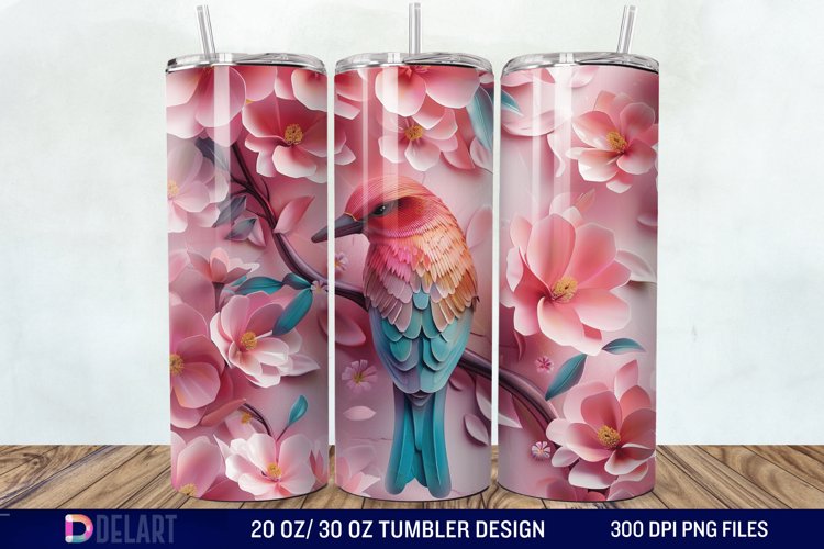 3D Pink Flower Bird Tumbler Wrap example image 1