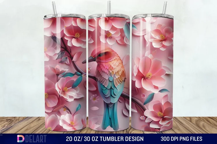 3D Pink Flower Bird Tumbler Wrap