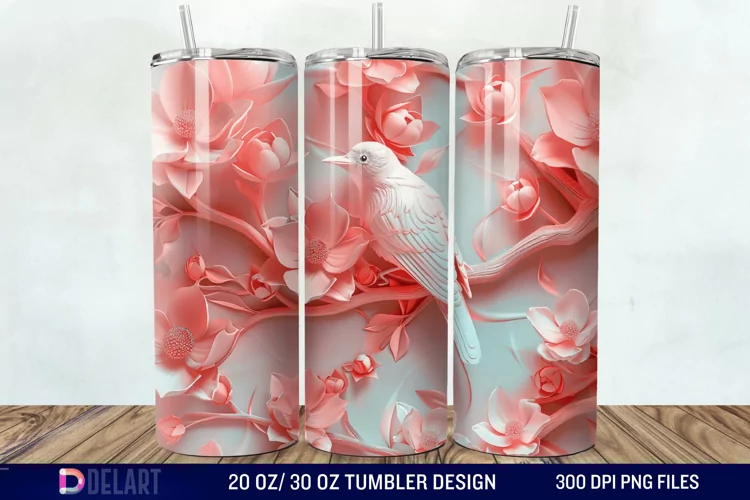 3D Pink Flower Bird Tumbler Wrap