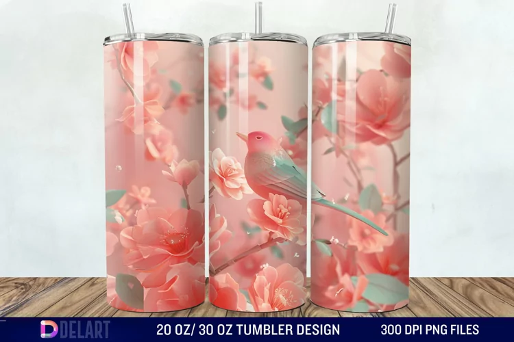 3D Pink Flower Bird Tumbler Wrap