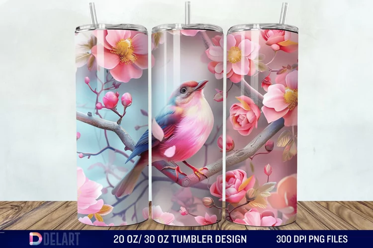 3D Pink Flower Bird Tumbler Wrap