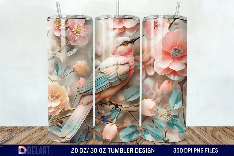 3D Pink Flower Bird Tumbler Wrap