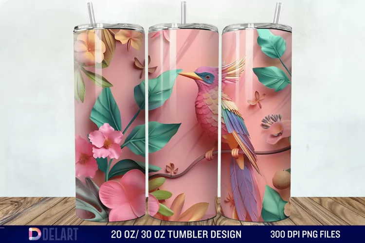 3D Pink Flower Bird Tumbler Wrap