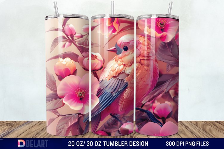 3D Pink Flower Bird Tumbler Wrap example image 1