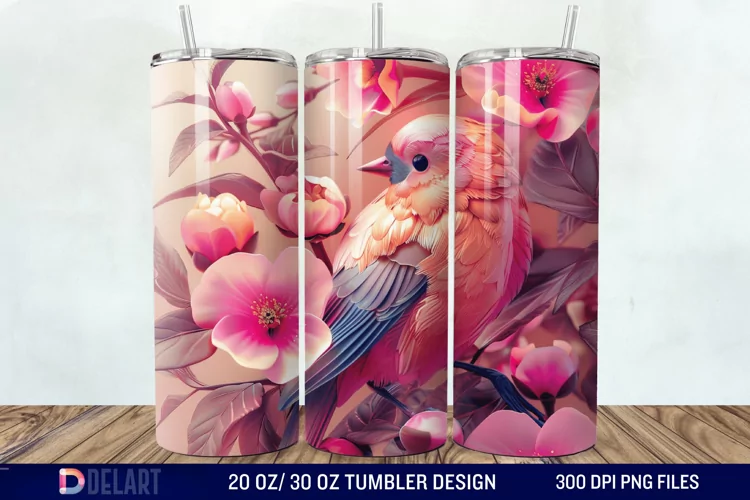 3D Pink Flower Bird Tumbler Wrap