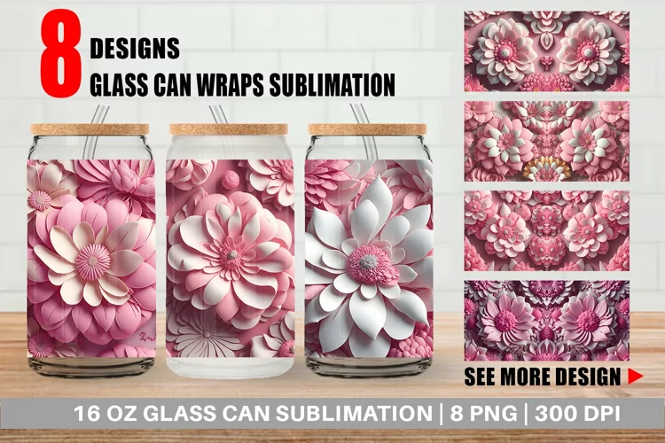 3D Pink Flower Vintage Glass Can Wraps
