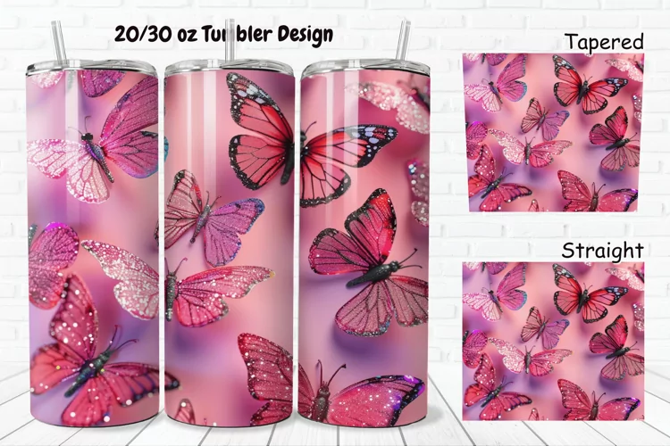 3D Pink Glitter Butterflies 20/30oz Skinny Tumbler