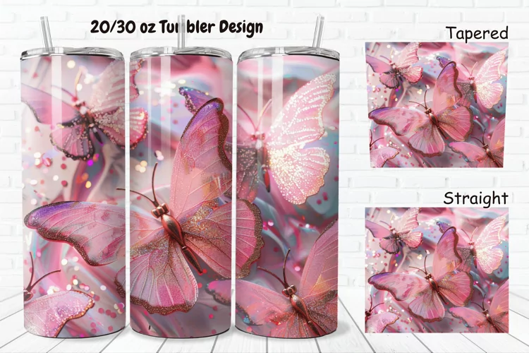 3D Pink Glitter Butterflies 20/30oz Skinny Tumbler