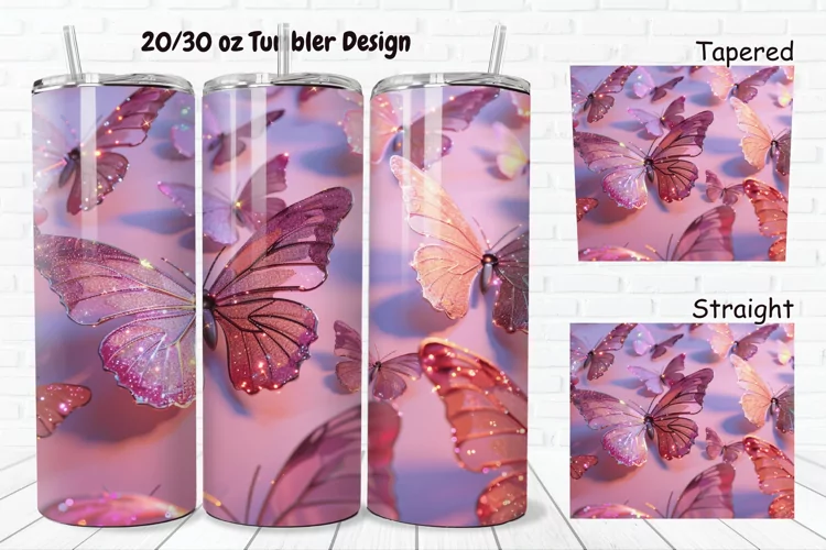 3D Pink Glitter Butterflies 20/30oz Skinny Tumbler