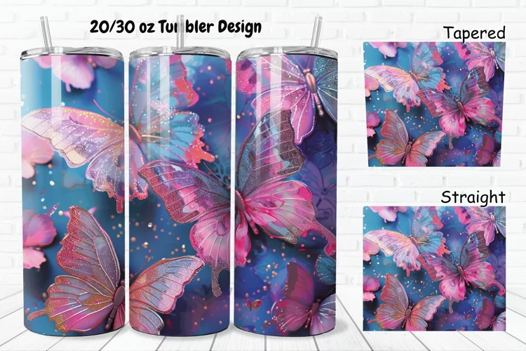 3D Pink Glitter Butterflies 20/30oz Skinny Tumbler