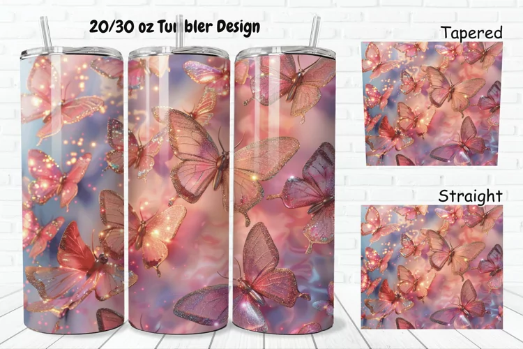 3D Pink Glitter Butterflies 20/30oz Skinny Tumbler