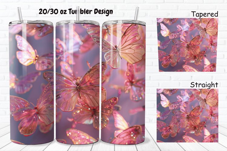 3D Pink Glitter Butterflies 20/30oz Skinny Tumbler example image 1