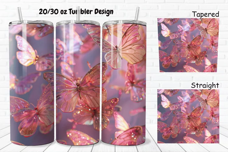 3D Pink Glitter Butterflies 20/30oz Skinny Tumbler