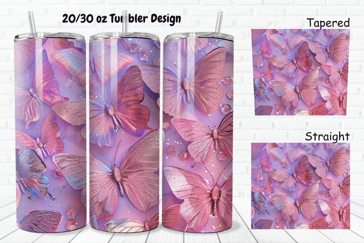 3D Pink Glitter Butterflies 20/30oz Skinny Tumbler