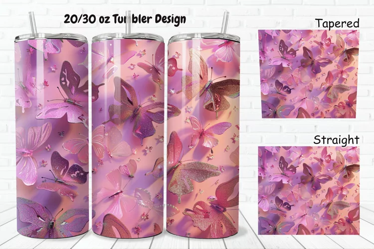 3D Pink Glitter Butterflies 20/30oz Skinny Tumbler