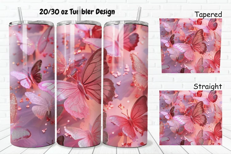 3D Pink Glitter Butterflies 20/30oz Skinny Tumbler