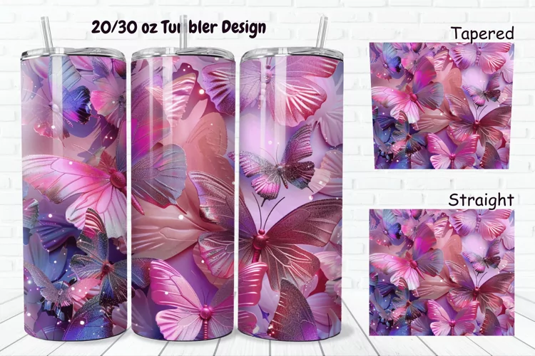 3D Pink Glitter Butterflies 20/30oz Skinny Tumbler