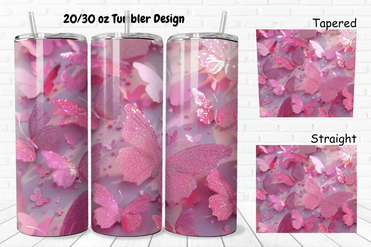 3D Pink Glitter Butterflies 20/30oz Skinny Tumbler