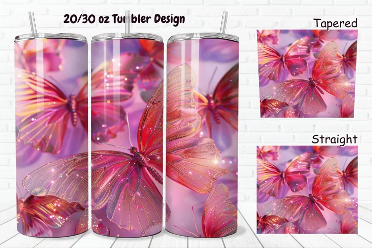 3D Pink Glitter Butterflies 20/30oz Skinny Tumbler