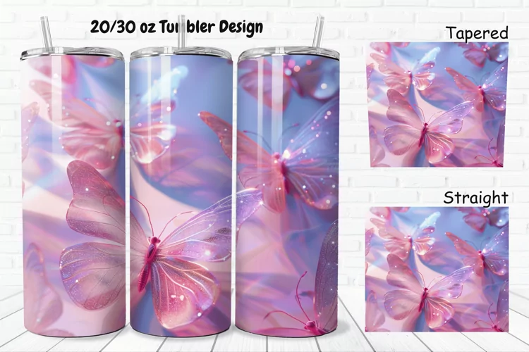 3D Pink Glitter Butterflies 20/30oz Skinny Tumbler
