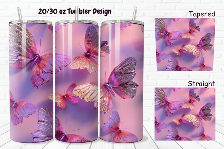 3D Pink Glitter Butterflies 20/30oz Skinny Tumbler