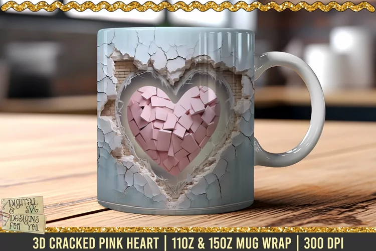 3D Cracked Pink Heart - Hole In Wall Mug Wrap / 3D Heart