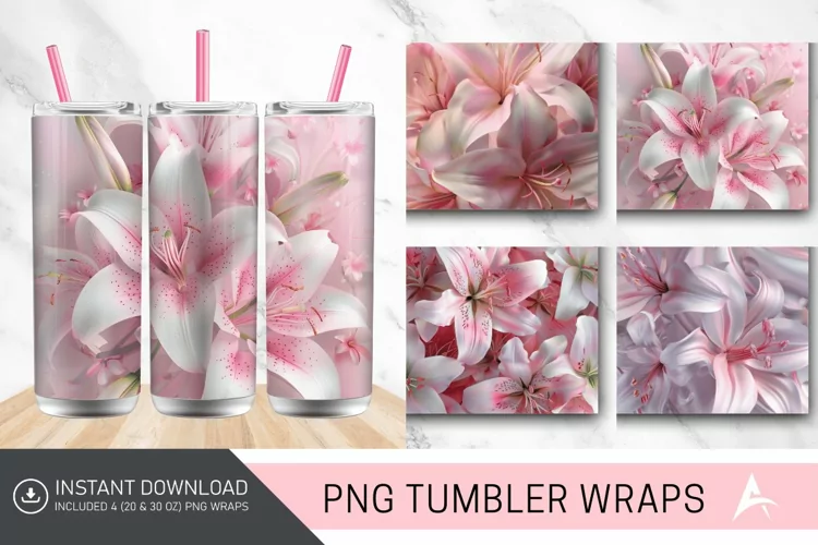 3D Pink Lilies Flower Tumbler Wrap