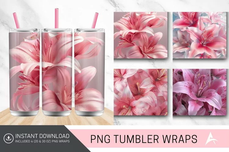 3D Pink Lilies Flower Tumbler Wrap