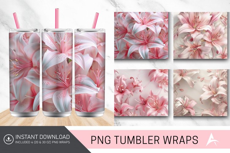 3D Pink Lilies Flower Tumbler Wrap example image 1