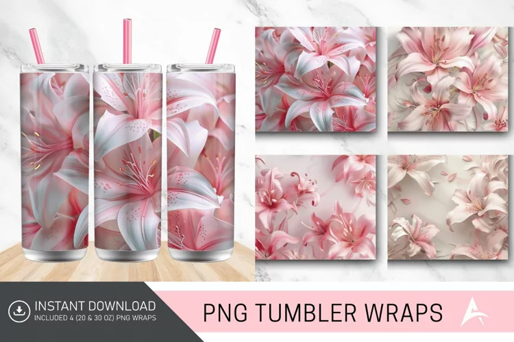 3D Pink Lilies Flower Tumbler Wrap