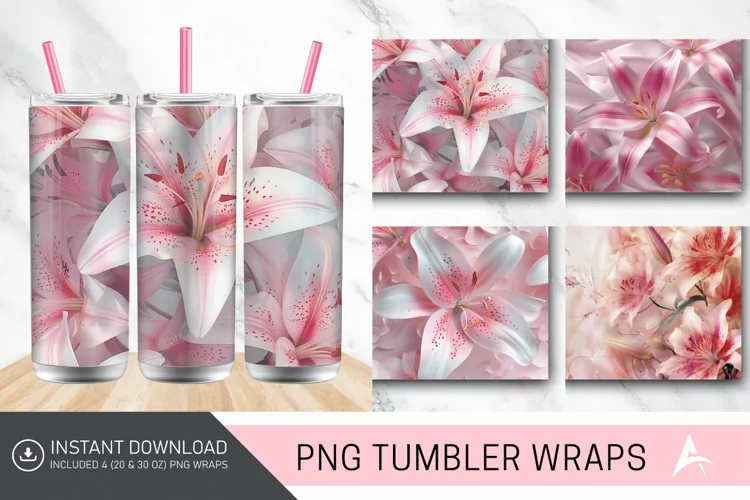 3D Pink Lilies Flower Tumbler Wrap