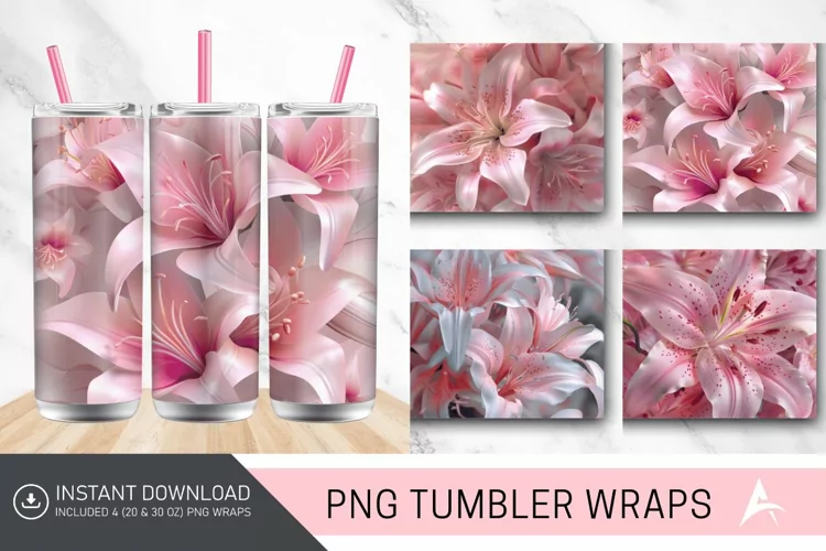 3D Pink Lilies Flower Tumbler Wrap