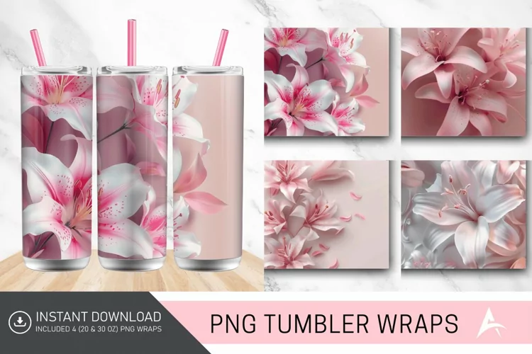3D Pink Lilies Flower Tumbler Wrap