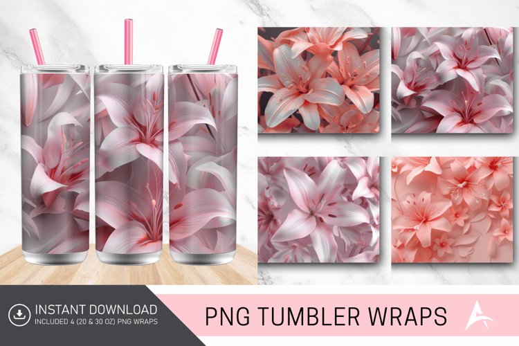 3D Pink Lilies Flower Tumbler Wrap example image 1