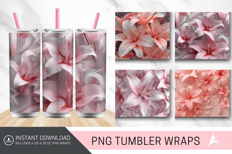 3D Pink Lilies Flower Tumbler Wrap