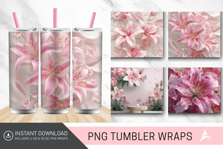 3D Pink Lilies Flowers Tumbler Wrap