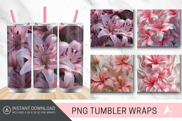 3D Pink Lilies Flowers Tumbler Wrap