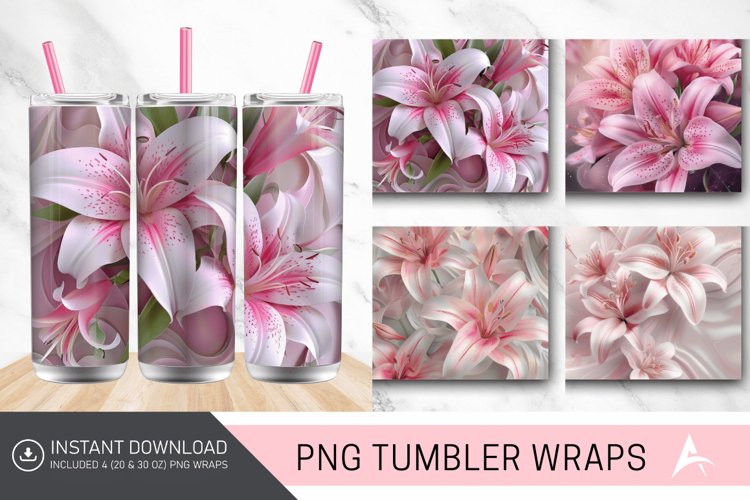 3D Pink Lilies Flowers Tumbler Wrap example image 1
