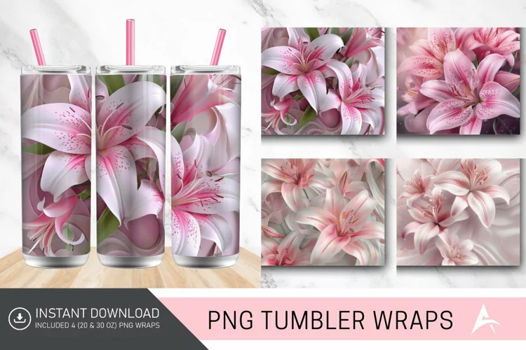 3D Pink Lilies Flowers Tumbler Wrap