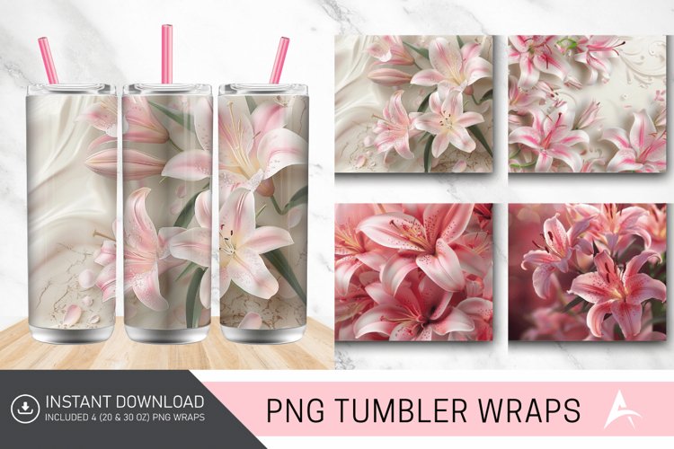 3D Pink Lilies Flowers Tumbler Wrap example image 1