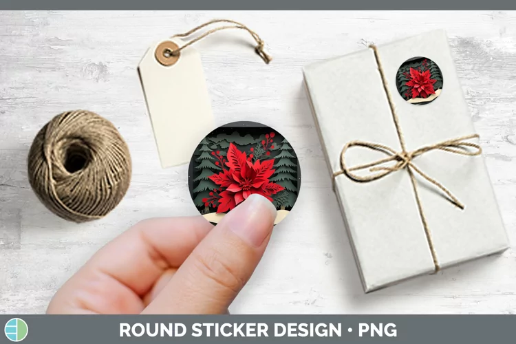 3D Poinsettia Stickers | Round Labels Designs