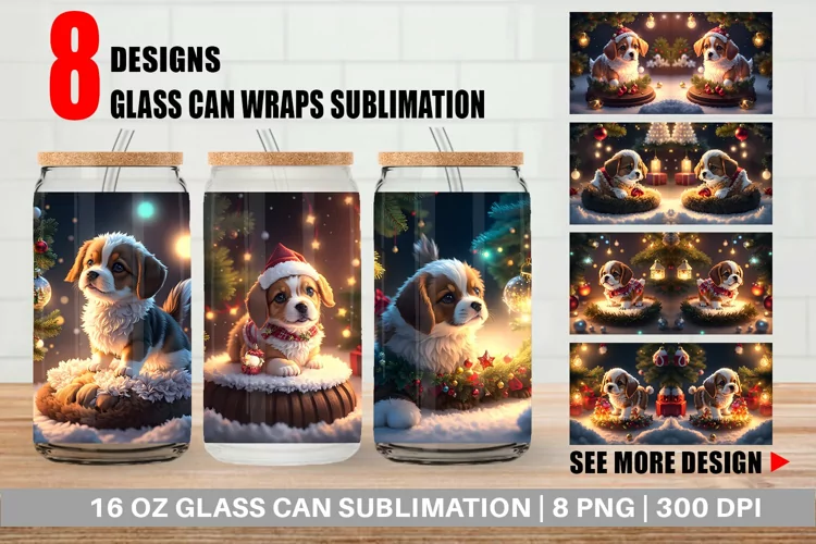 3D Puppy with Christmas Glass Can Wraps