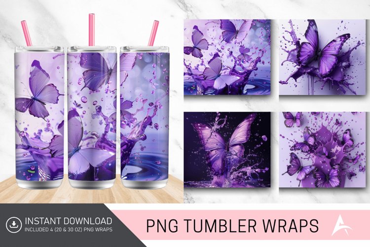 3D Purple Butterfly Splash Tumbler Wrap example image 1