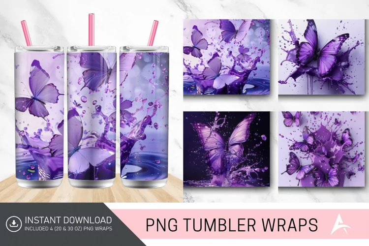 3D Purple Butterfly Splash Tumbler Wrap