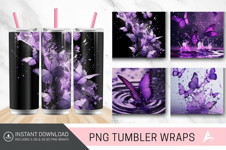 3D Purple Butterfly Splash Tumbler Wrap