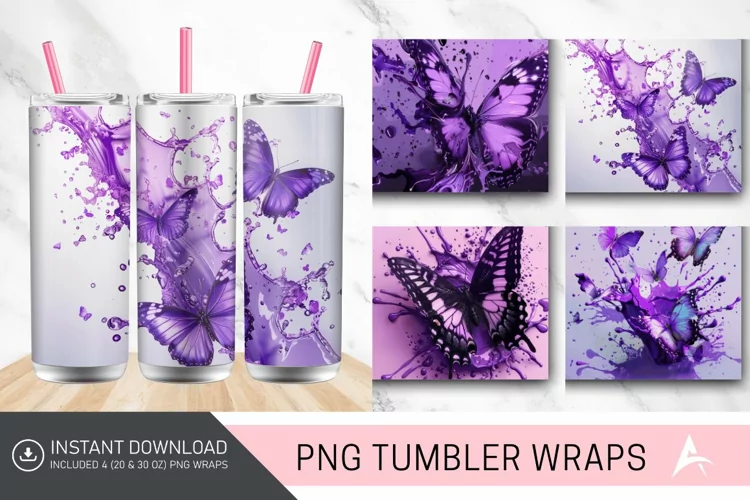 3D Purple Butterfly Splash Tumbler Wrap